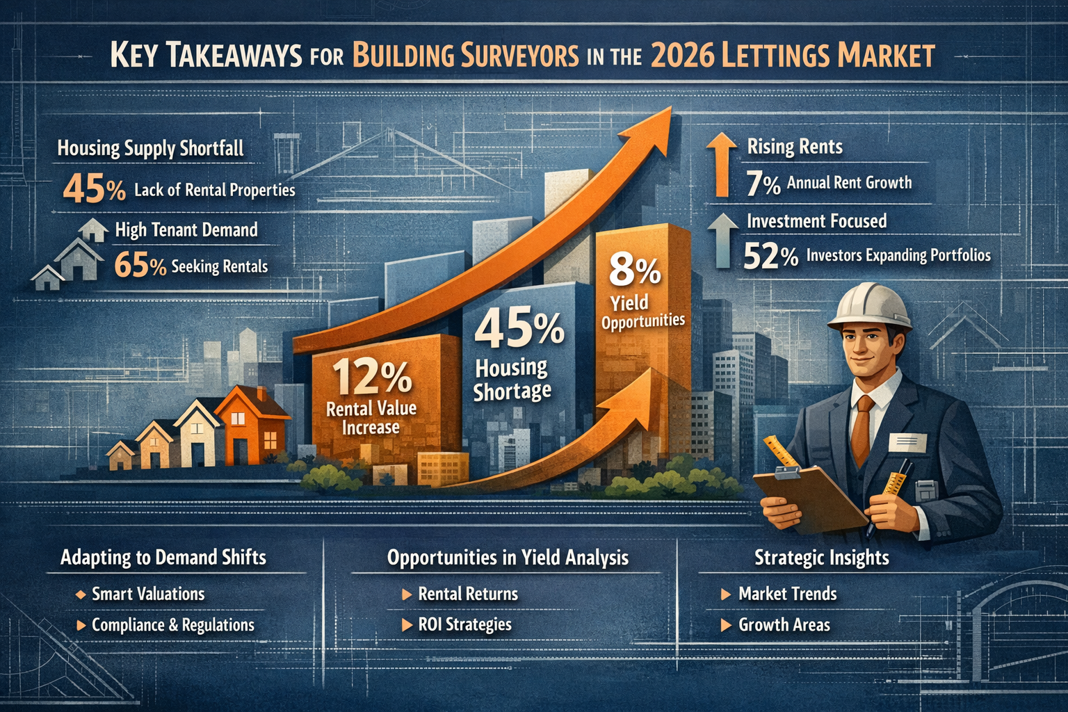 Infographic-style composition representing 'Key Takeaways' for building surveyors in 2026 lettings market, featuring a
