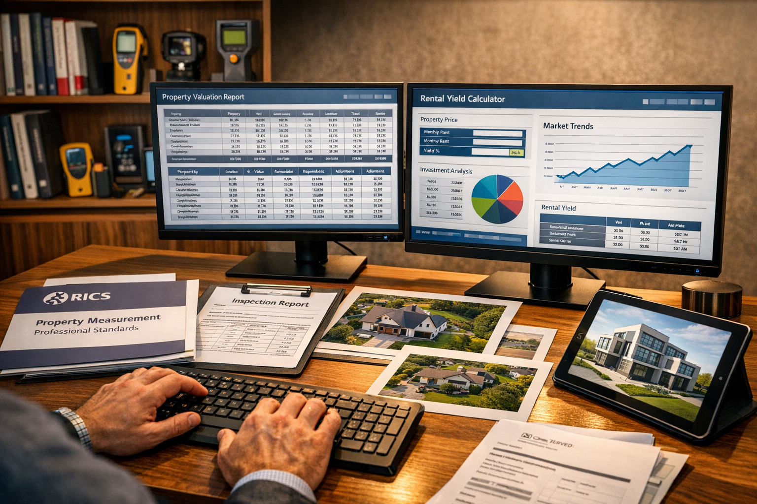 Detailed () professional photograph showing building surveyor at modern desk workstation with dual monitors displaying