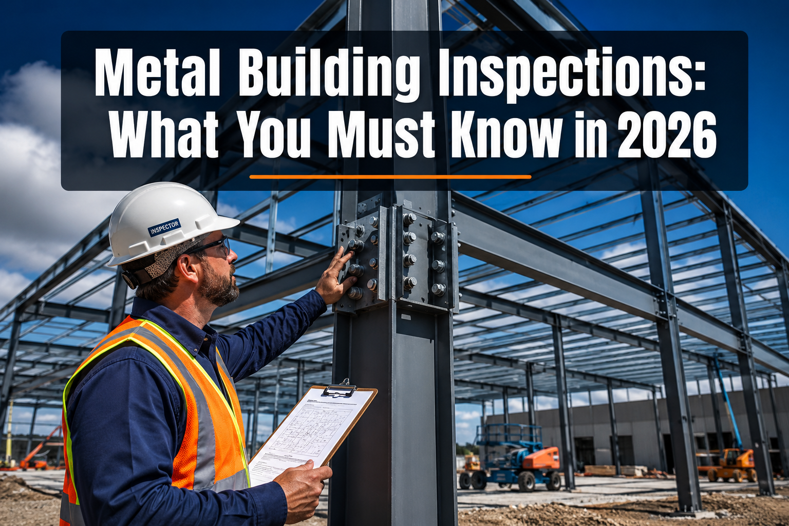 Professional () hero image with : 'Metal Building Inspections: What You Must Know in 2026' in extra large white with dark