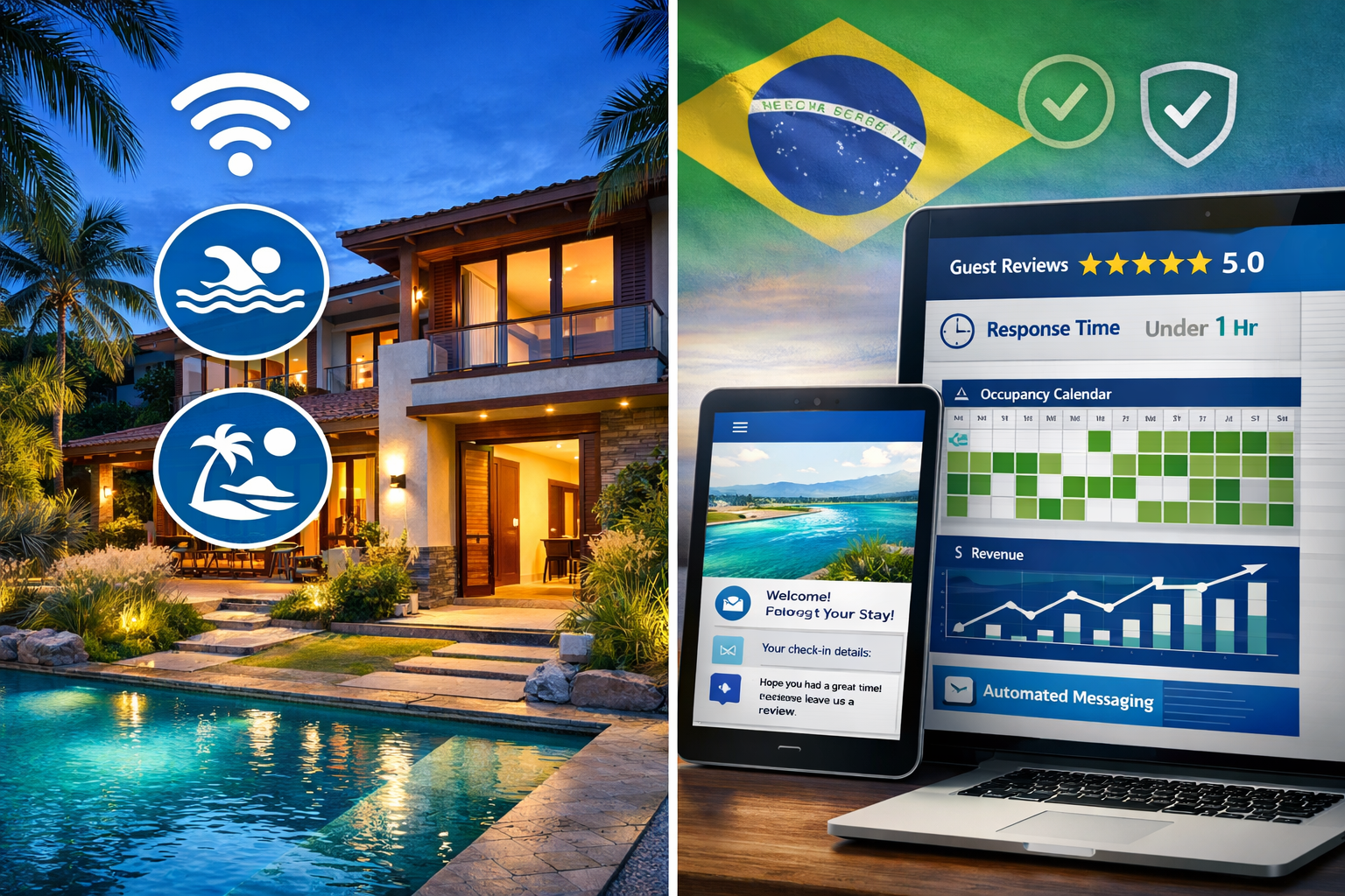 Detailed landscape format (1536x1024) split-composition image showing professional property management optimization. Left side features mode