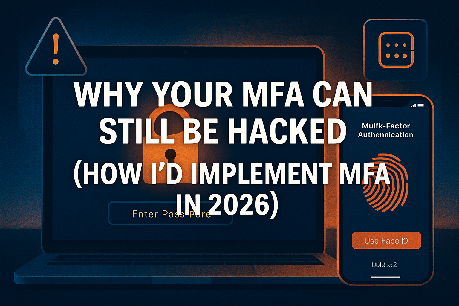 Professional landscape cybersecurity image (1536x1024) featuring bold text overlay 'Why Your MFA Can Still Be Hacked (How I'd Implement MFA 