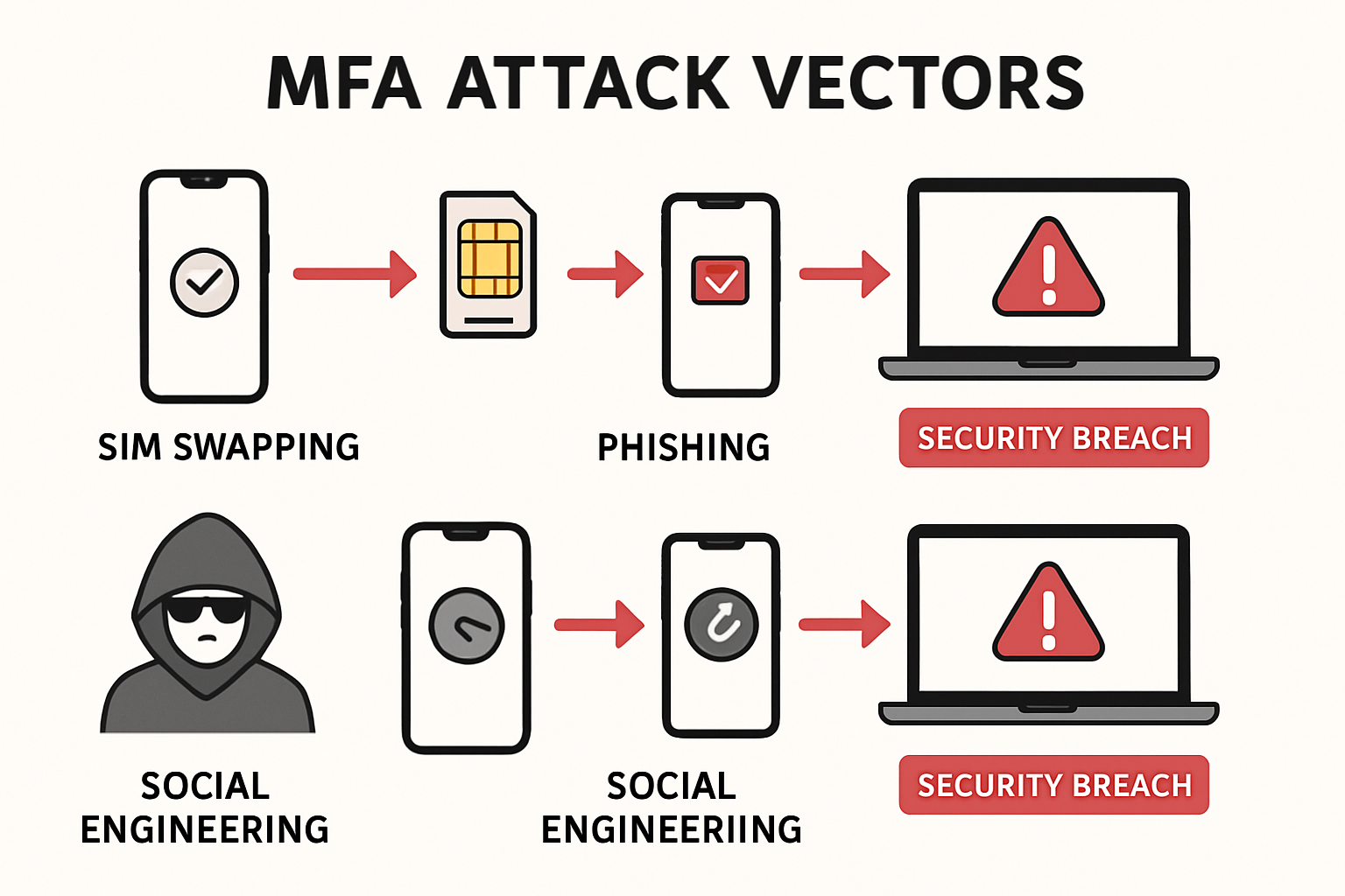 Detailed infographic showing MFA attack vectors including SIM swapping, phishing, and social engineering targeting Mac users, with icons of 