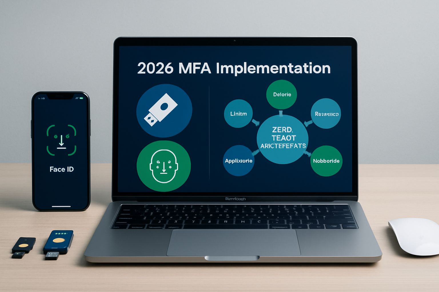 Modern Mac workspace showing 2026 MFA implementation with hardware security keys, biometric authentication, and zero-trust architecture diag
