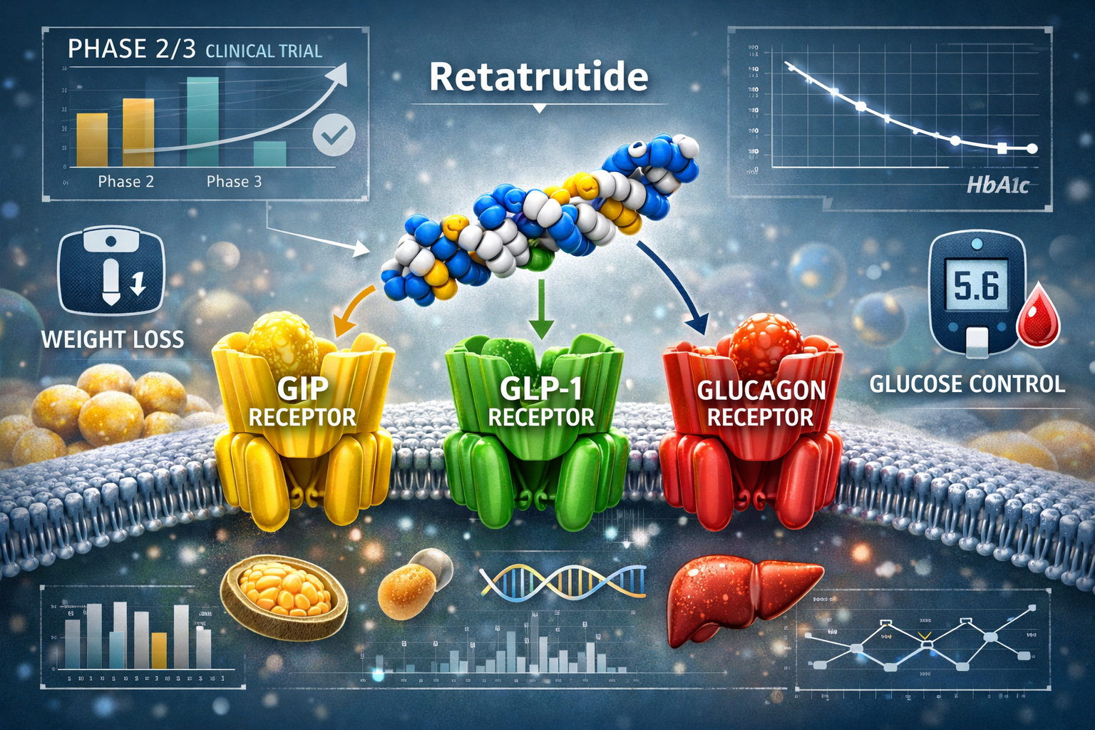 A detailed editorial image depicting the molecular mechanisms of retatrutide, showing a stylized representation of GIP, GLP-1, and glucagon 