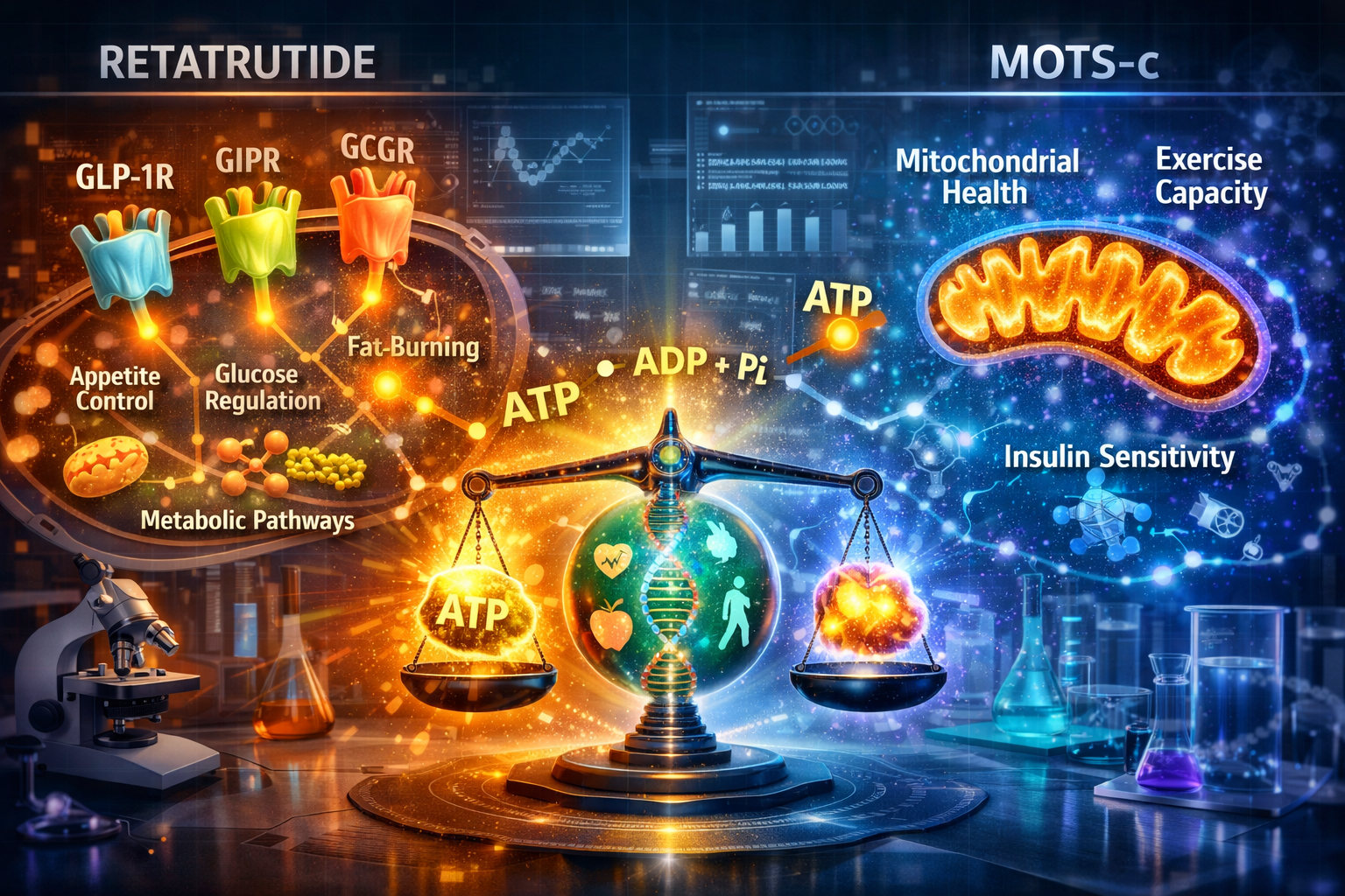 An intricate concept illustration showcasing the theoretical synergy of the retatrutide mots c stack within a cellular environment. On one s