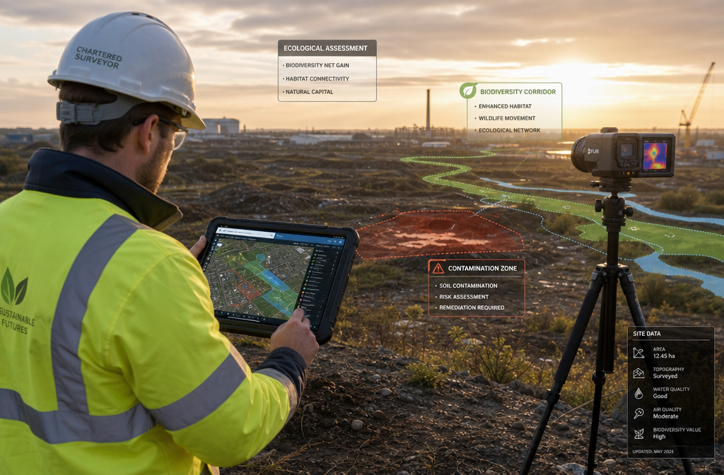 Wide-angle () showing a professional chartered surveyor using a ruggedized tablet displaying GIS ecological mapping software