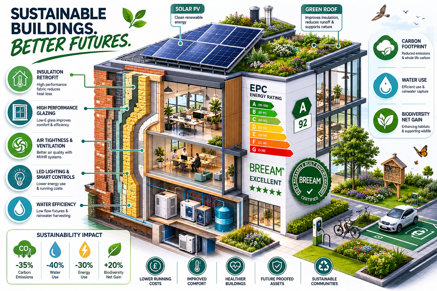Isometric-style () infographic illustration showing a cross-section of a UK property building with annotated sustainability