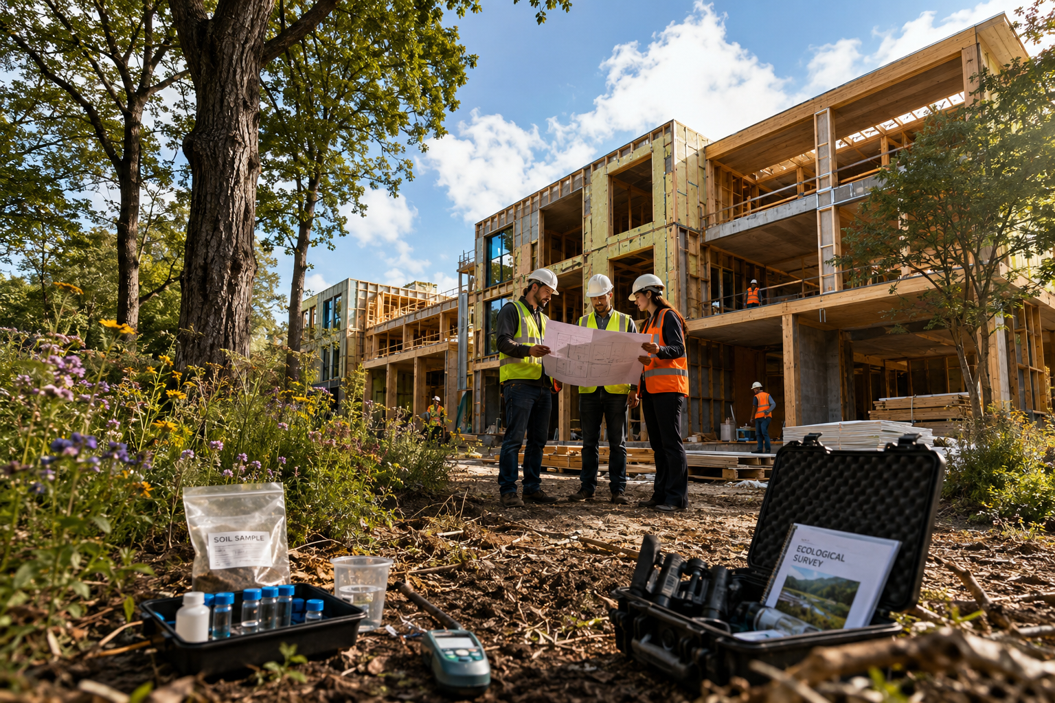 Dramatic low-angle () photograph of a modern eco-conscious residential development under construction, featuring