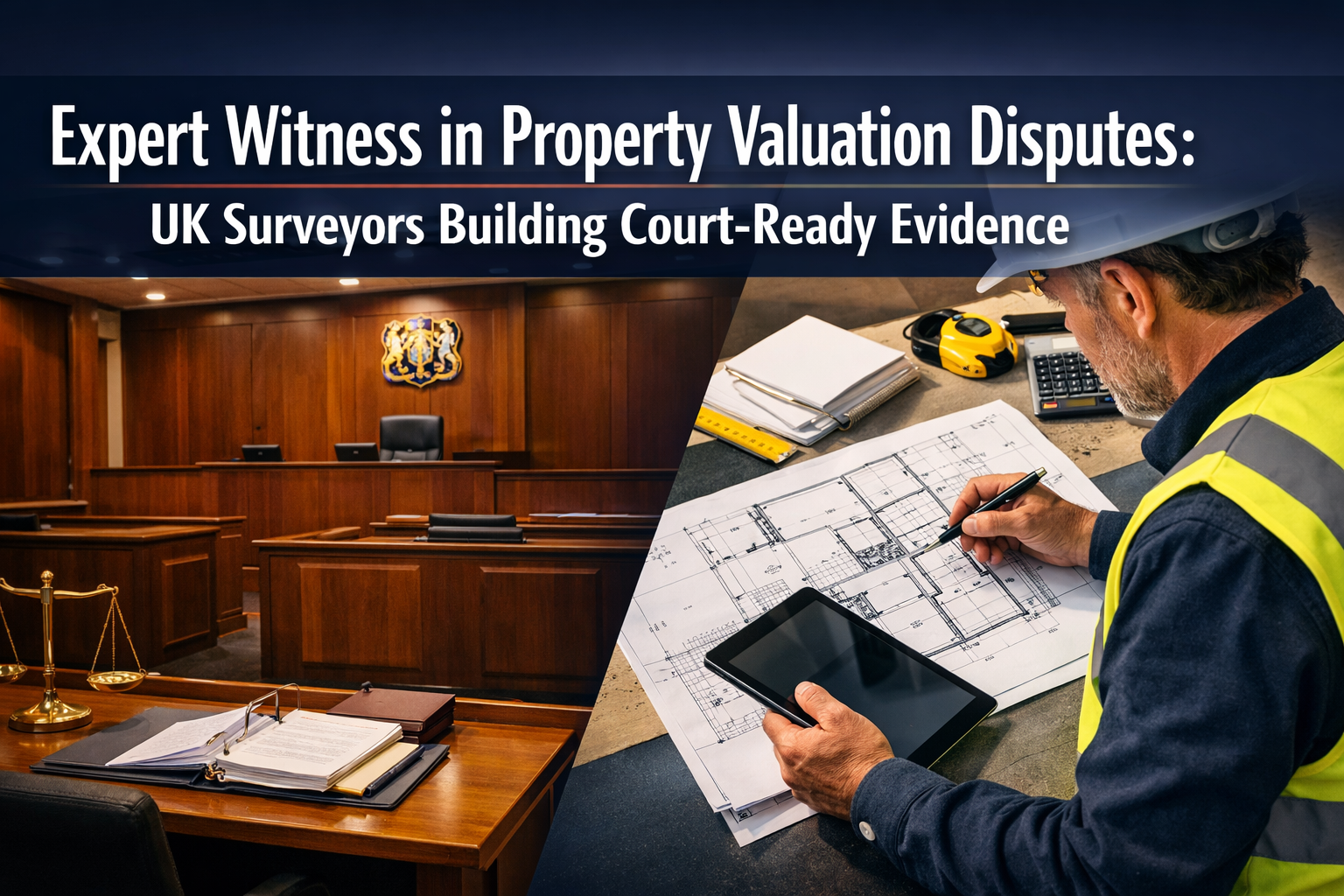 Professional () hero image featuring 'Expert Witness in Property Valuation Disputes: UK Surveyors Building Court-Ready