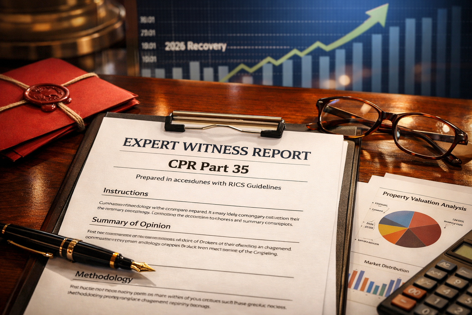 Detailed () image showing close-up of RICS-compliant expert witness report document on mahogany desk with 'CPR Part 35'