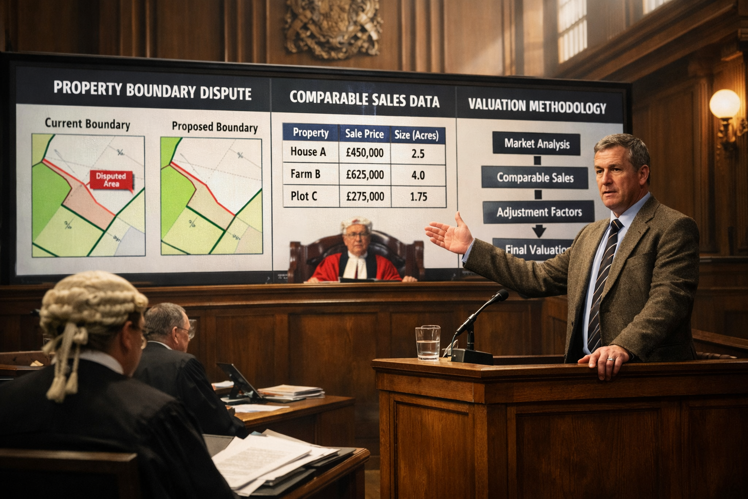 Wide-angle () courtroom scene showing expert witness surveyor in professional attire standing in witness box, gesturing