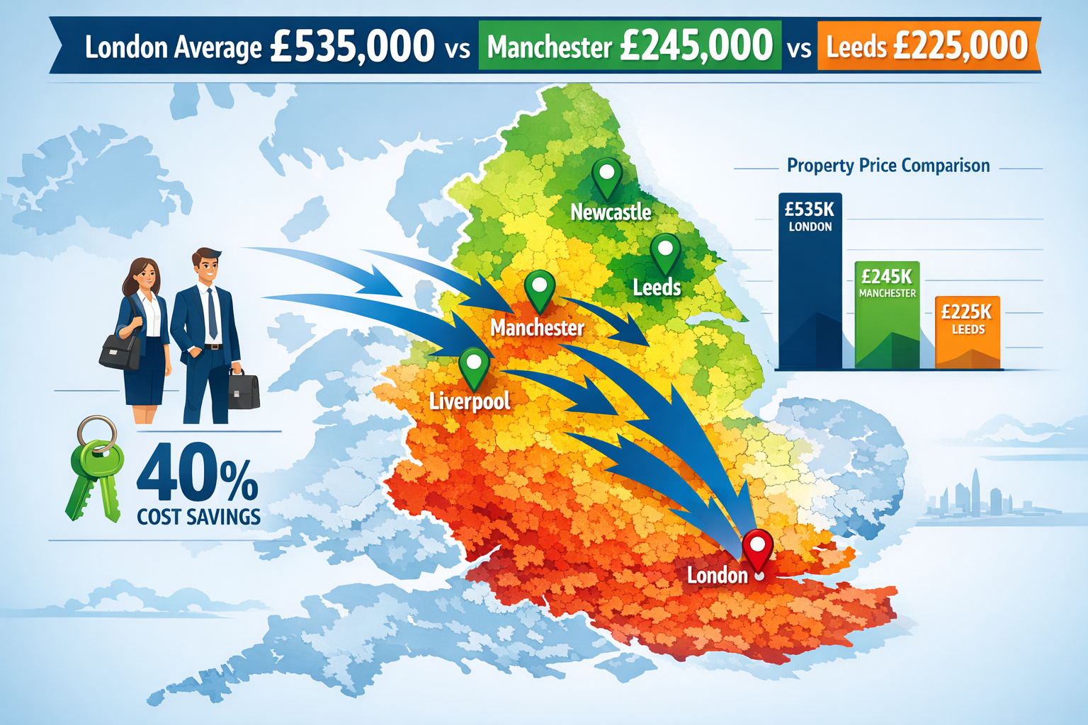 Landscape format (1536x1024) detailed infographic showing UK map with bold migration arrows flowing from London (marked with red pin) northw