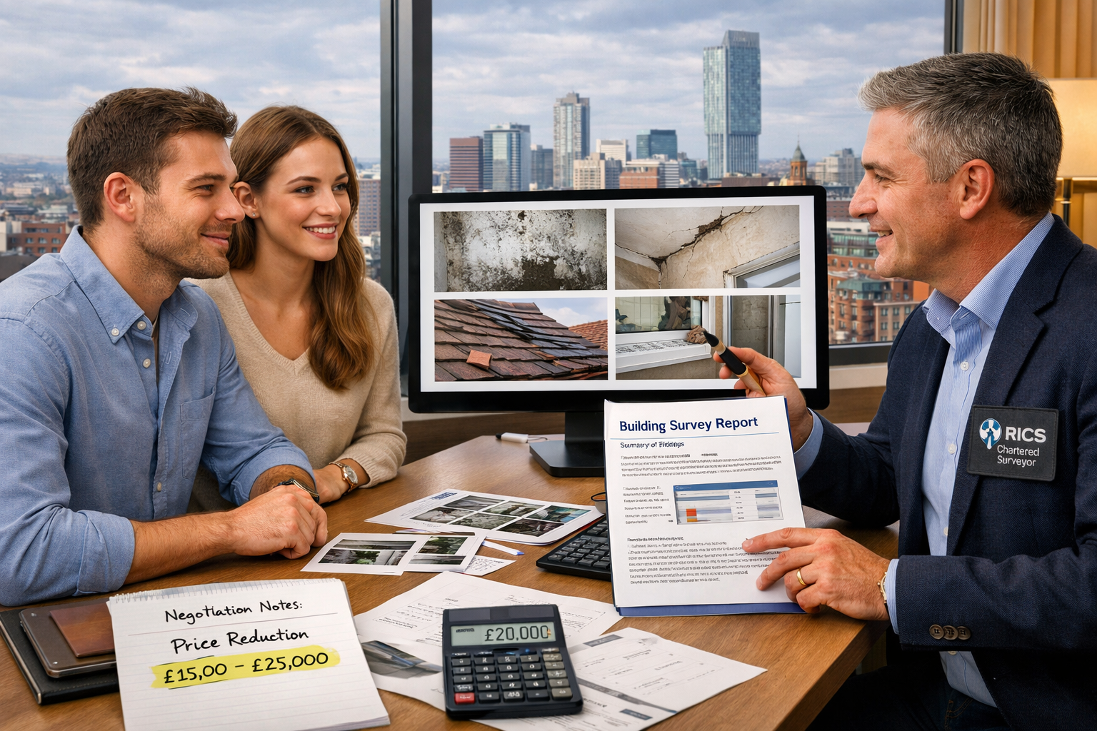 Landscape format (1536x1024) modern professional scene showing young first-time buyer couple (late 20s-early 30s) in smart casual attire sit