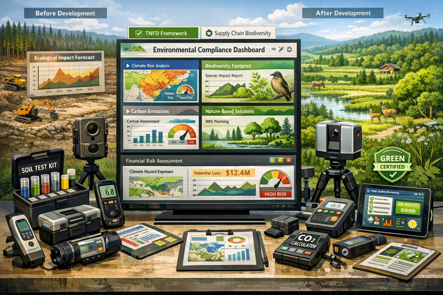 Detailed landscape format (1536x1024) image illustrating comprehensive suite of 2026 green development compliance tools arranged in organize