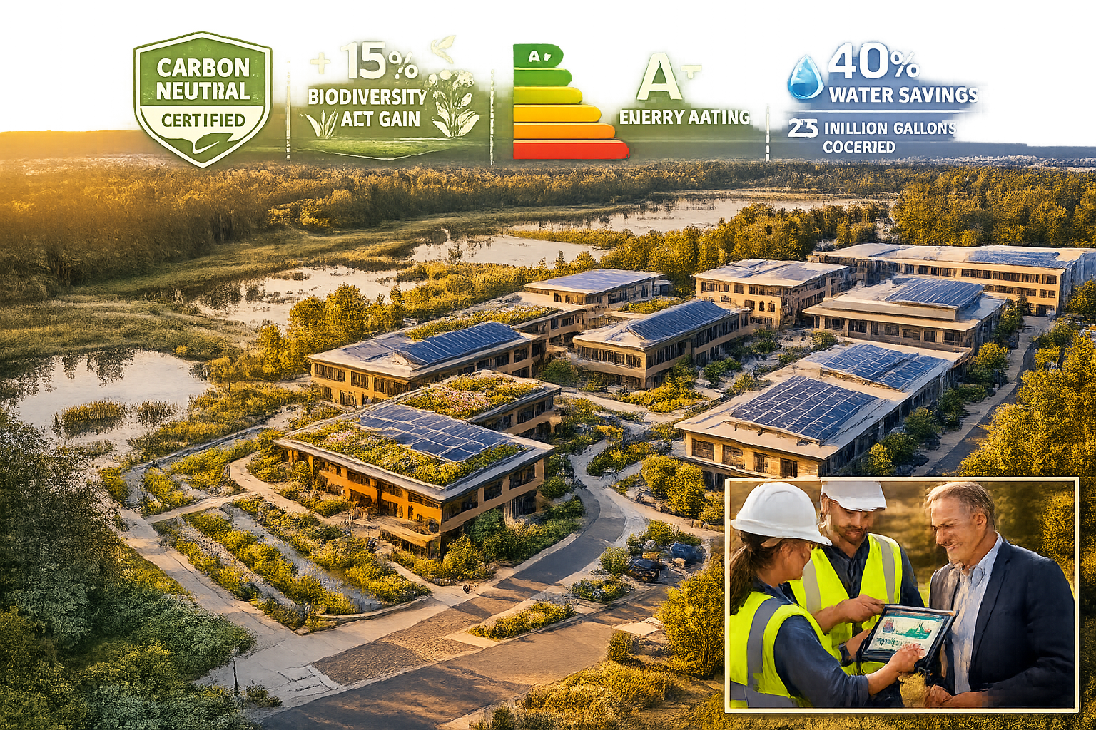 Detailed landscape format (1536x1024) image depicting successful sustainable property development showcasing implementation of ecological fo