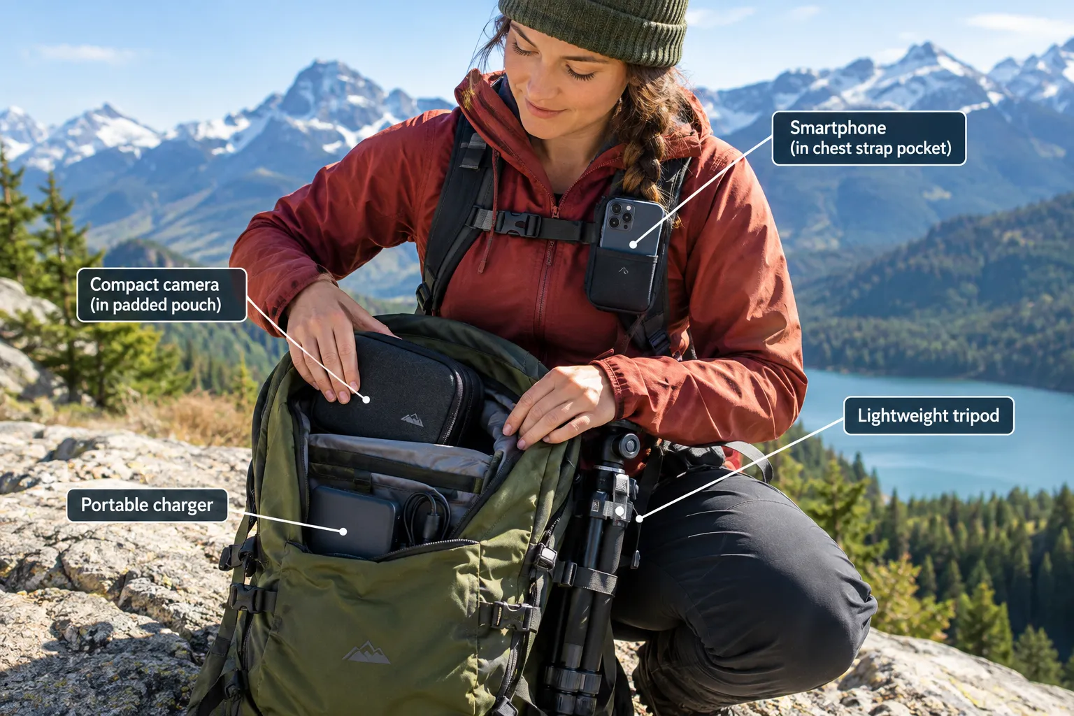 Traveler carrying a smartphone, compact camera, portable charger, and tripod
