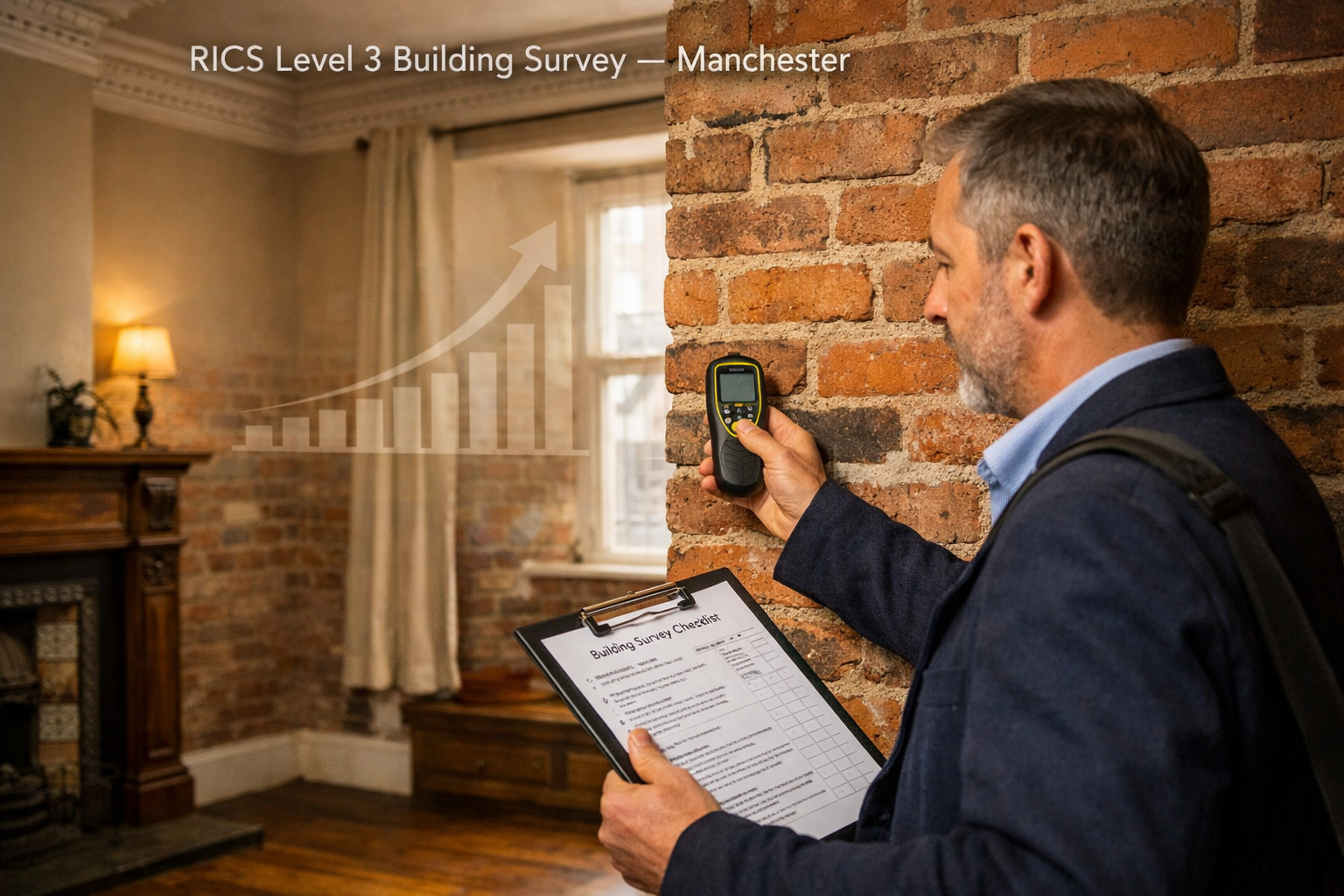 () showing a RICS chartered surveyor in professional attire conducting a Level 3 Building Survey inside a traditional