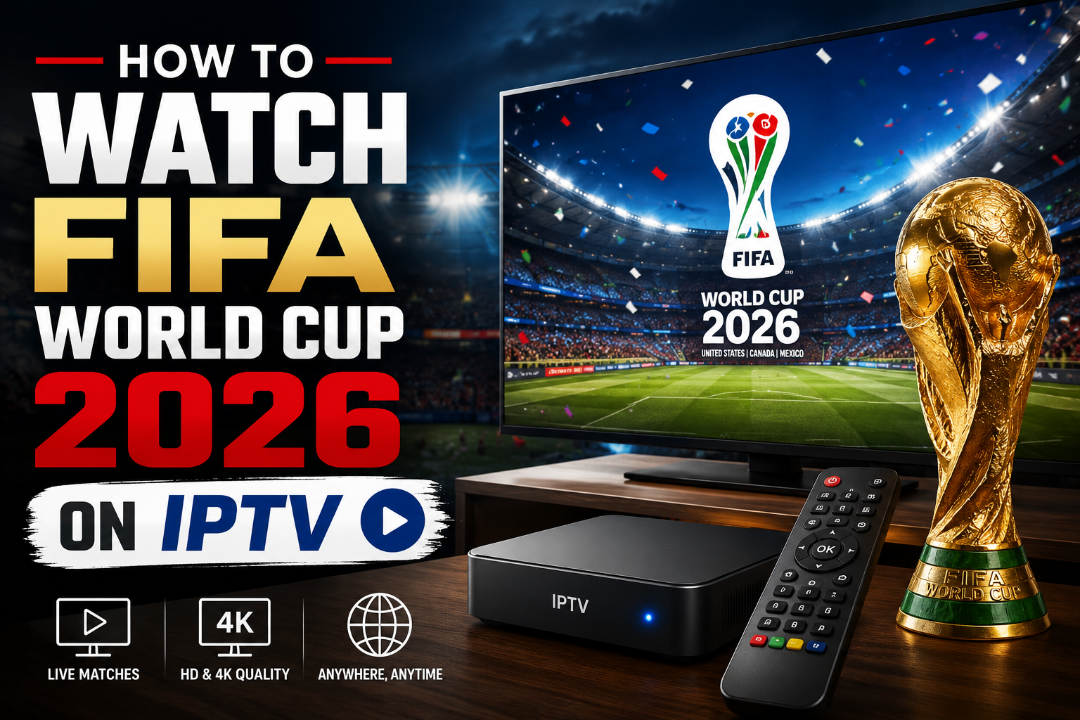 "How to Watch FIFA World Cup 2026 on IPTV". Modern design, , , aesthetic. Background imagery relevant to: How to Watch FIFA