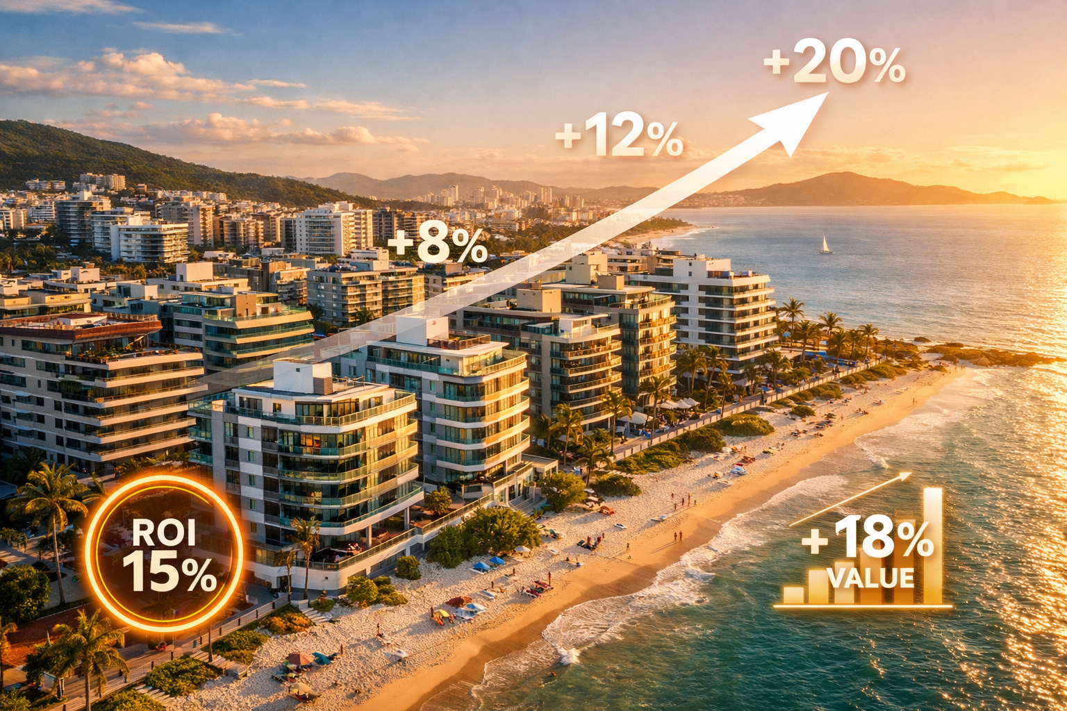Detailed landscape editorial image (1536x1024) showing modern luxury apartment buildings and condominiums along Florianópolis beachfront wit