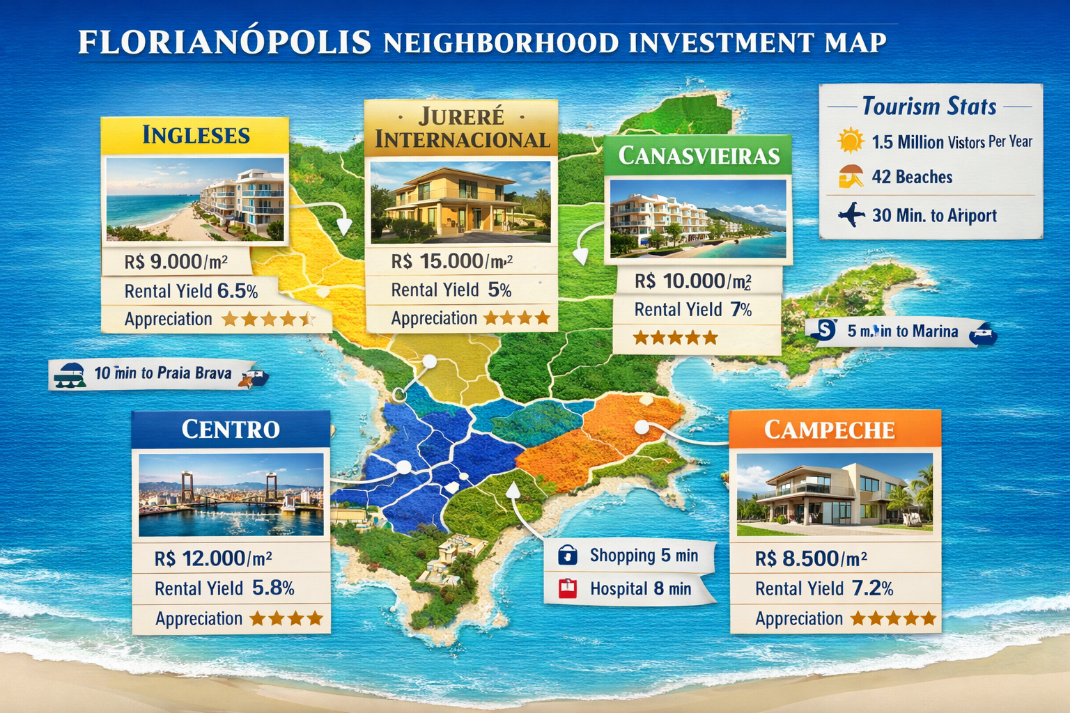 Comprehensive landscape infographic image (1536x1024) displaying Florianópolis neighborhood investment map with color-coded zones showing di