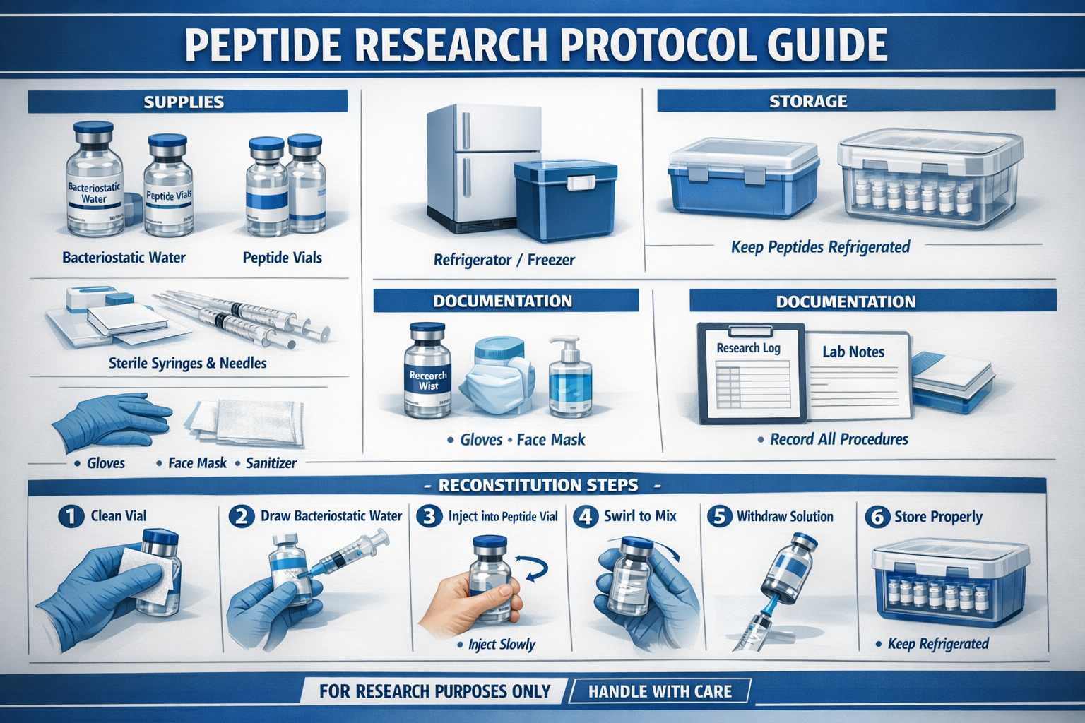 Comprehensive visual guide showing proper peptide research protocols with labeled equipment including bacteriostatic water vials, sterile sy