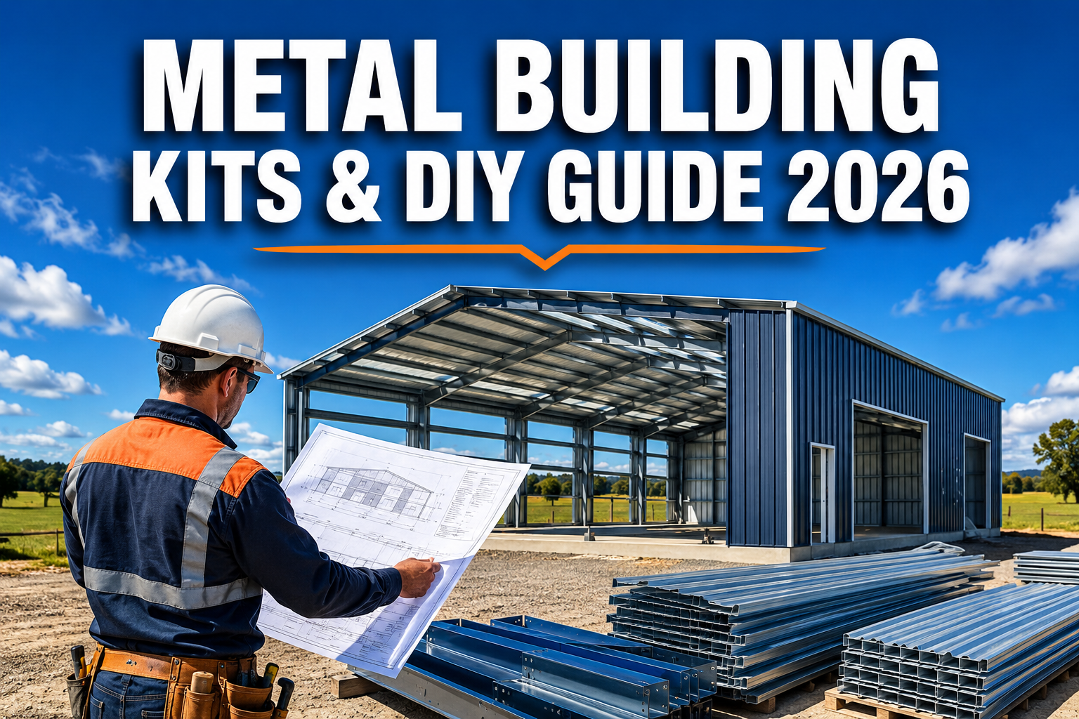 Professional () hero image with : 'Metal Building Kits & DIY Guide 2026' in extra large white with dark drop , centered in
