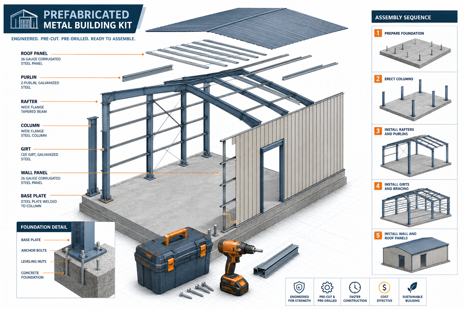 Detailed () editorial illustration showing a cutaway diagram of a prefabricated metal building kit assembly sequence: