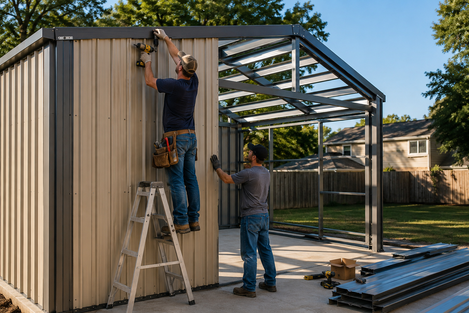 Detailed () editorial photo-realistic scene of a DIY homeowner and a helper assembling a metal garage kit on a concrete slab