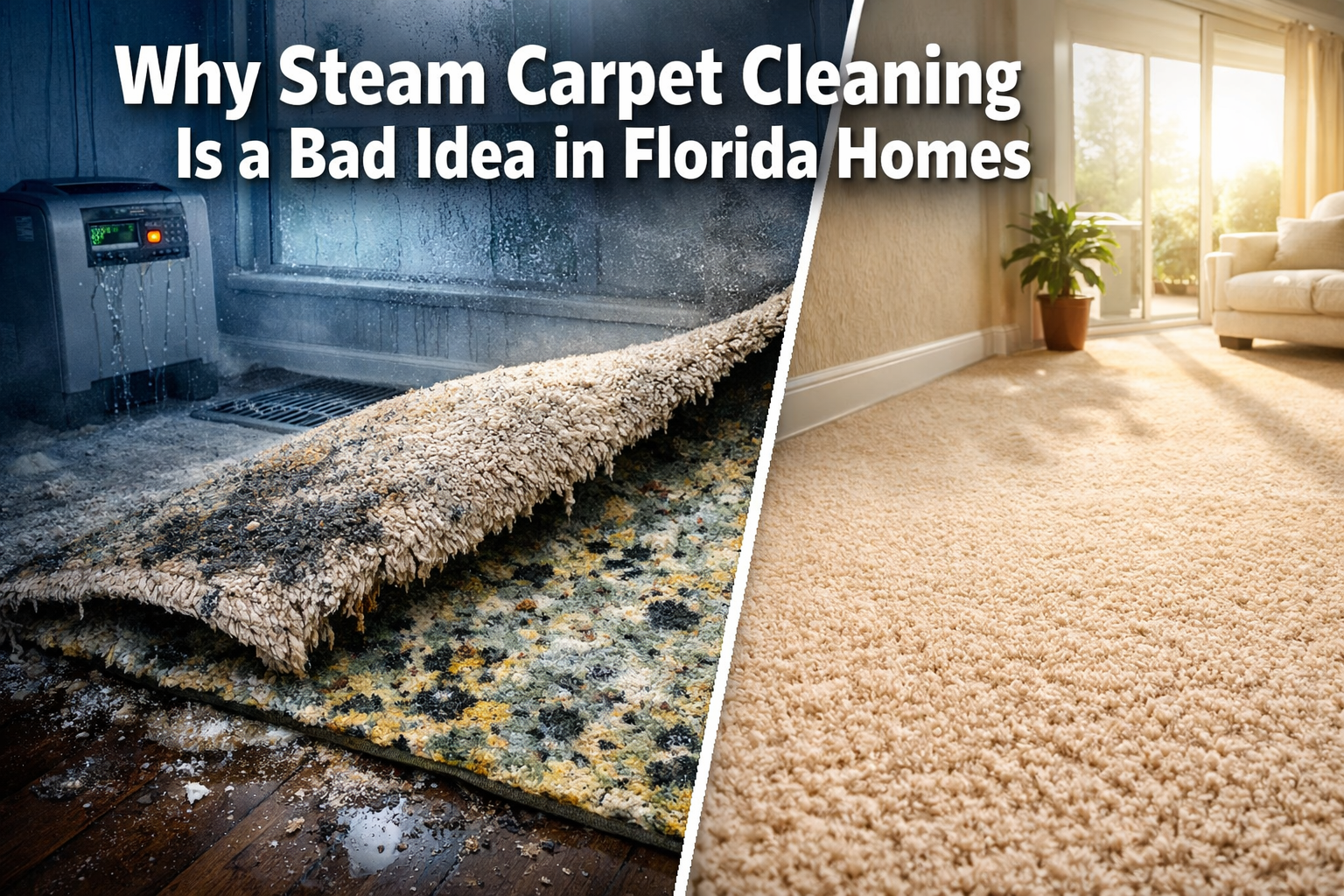 Professional () hero image with 'Why Steam Carpet Cleaning Is a Bad Idea in Florida Homes' in extra large white with dark ,