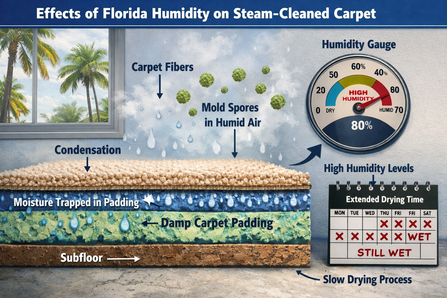 () image showing Florida humidity effects on steam-cleaned carpet. Cross-section view of carpet layers with visible moisture