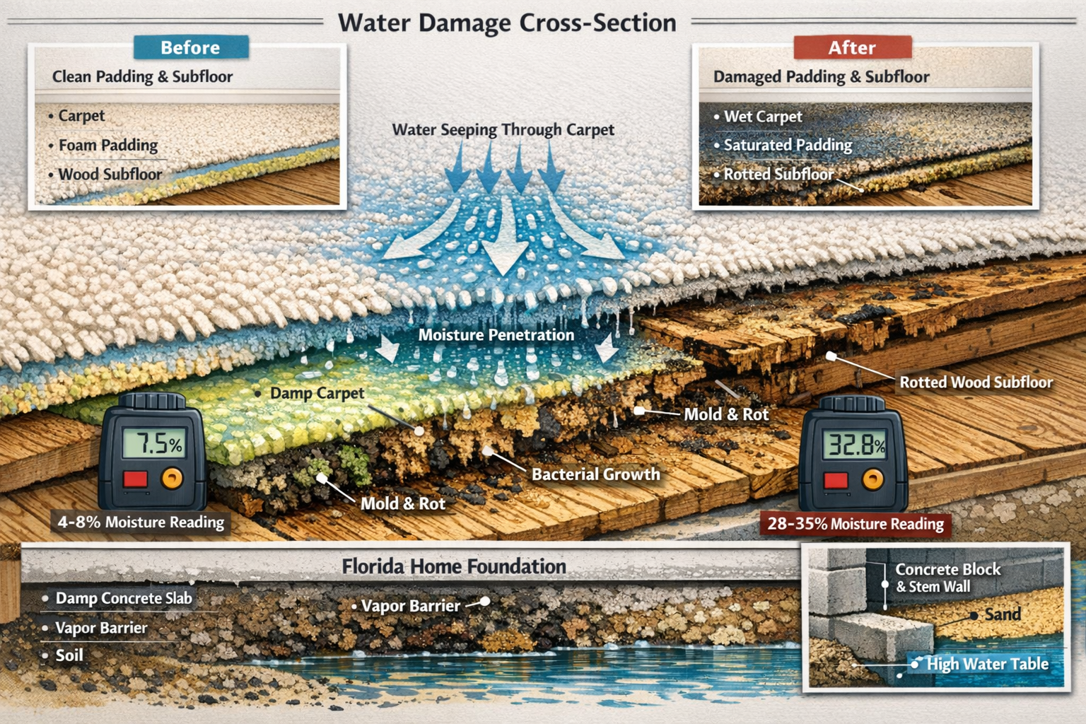 Detailed () cutaway illustration of carpet padding and subflooring damage. Shows water penetration through carpet fibers