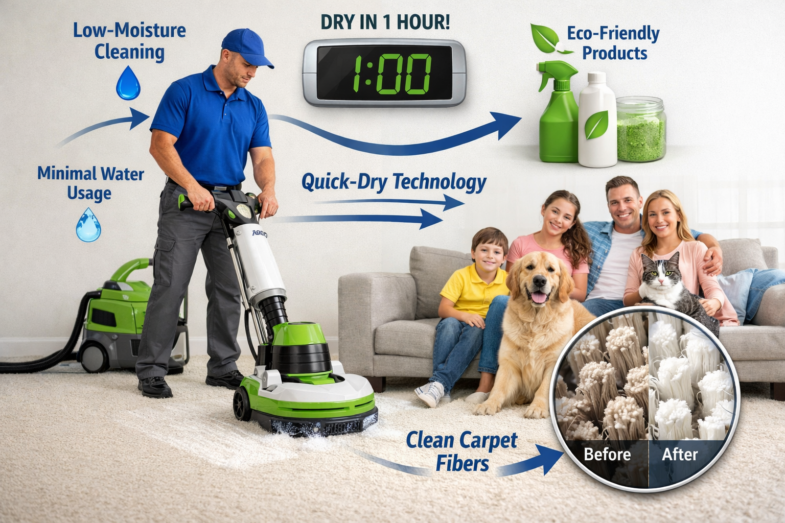 Professional () image demonstrating low-moisture carpet cleaning process. Shows technician using eco-friendly cleaning