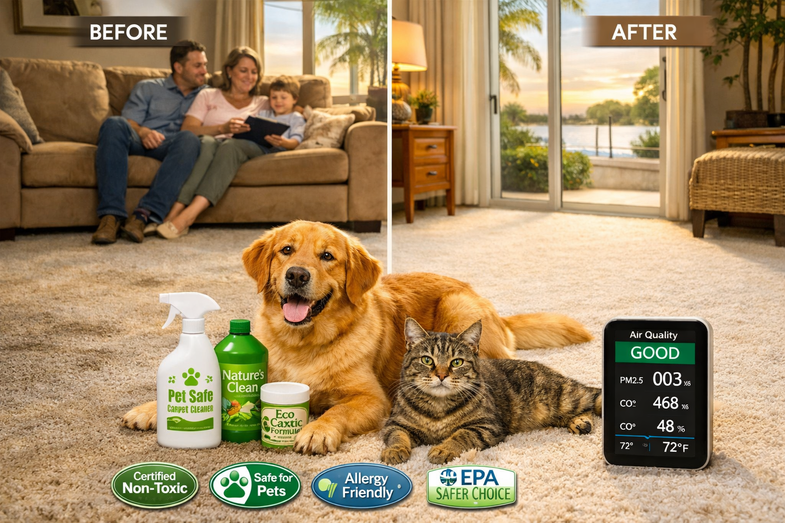() image focused on pet-safe carpet cleaning in Florida home. Shows happy pets (dog and cat) on freshly cleaned carpet,