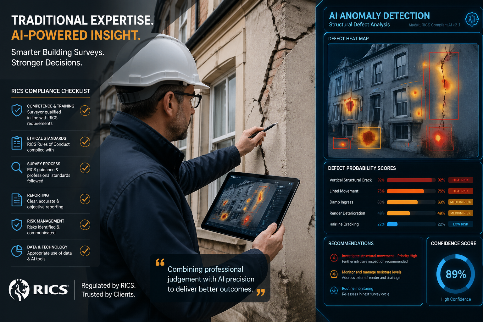 Wide-angle editorial photograph of a professional building surveyor examining structural cracks in a period property wall