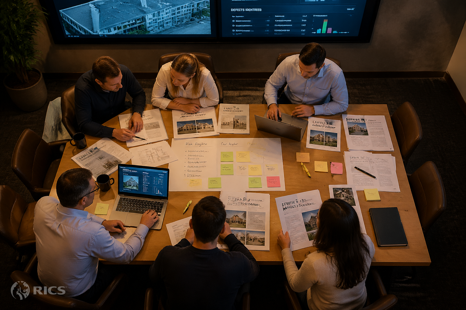 Overhead bird's-eye view of a surveying team gathered around a large conference table with printed Level 3 building survey