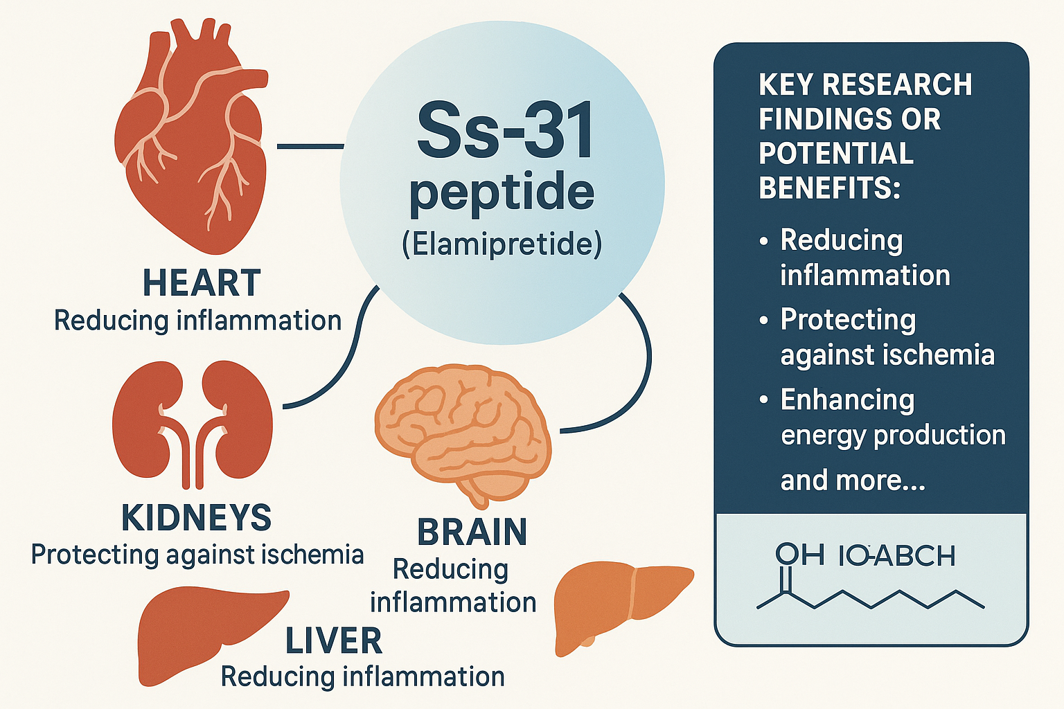 Detailed illustration of a mitochondrion undergoing stress and subsequent protection by Ss-31 peptide (Elamipretide), showing key molecular
