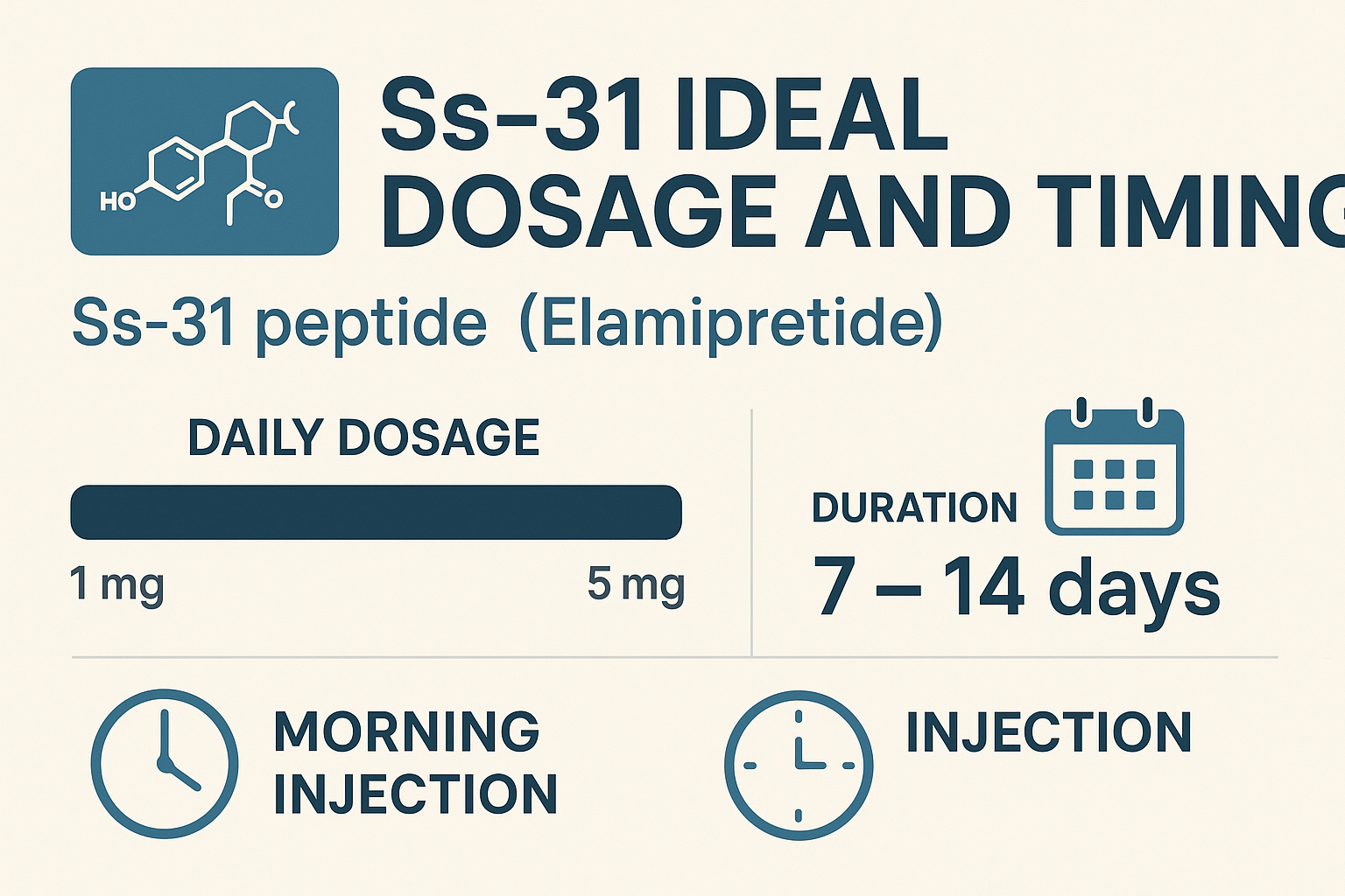 Professional landscape infographic (1536x1024) for article "Ss-31 Peptide (Elamipretide): Unlocking Mitochondrial Health – Ideal Dosage and