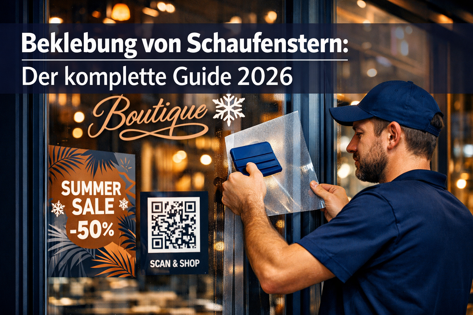 Professional landscape format (1536x1024) hero image featuring bold text overlay 'Beklebung von Schaufenstern: Der komplette Guide 2026' in