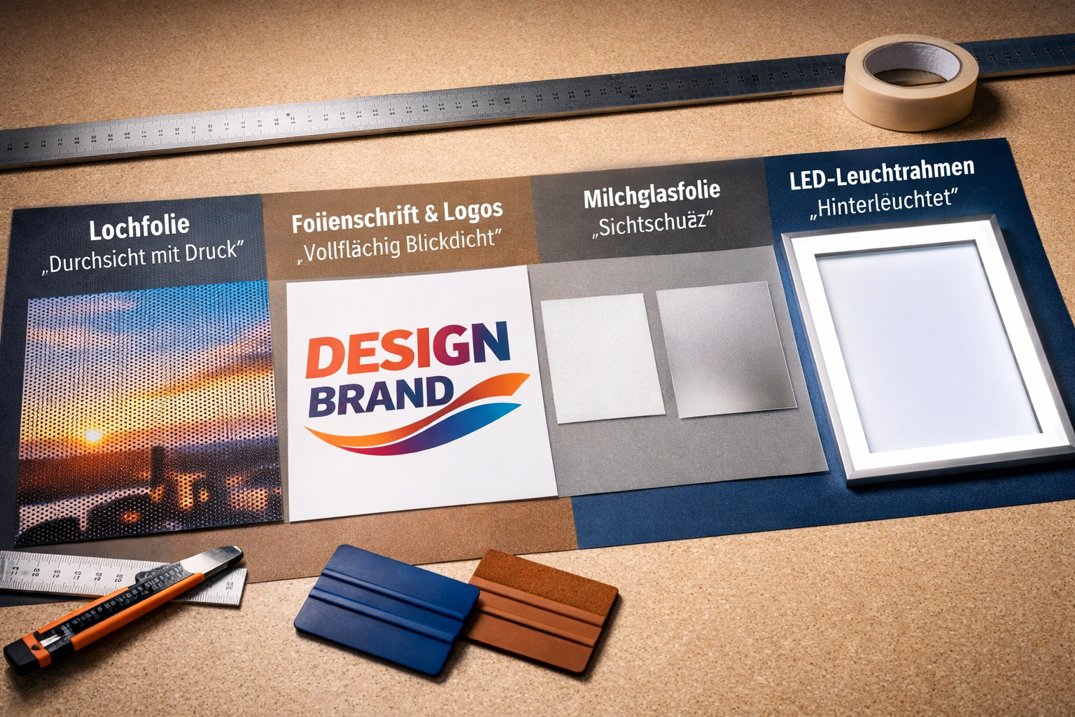 Landscape format (1536x1024) image showing detailed comparison of different window film types laid out on professional work surface. Display