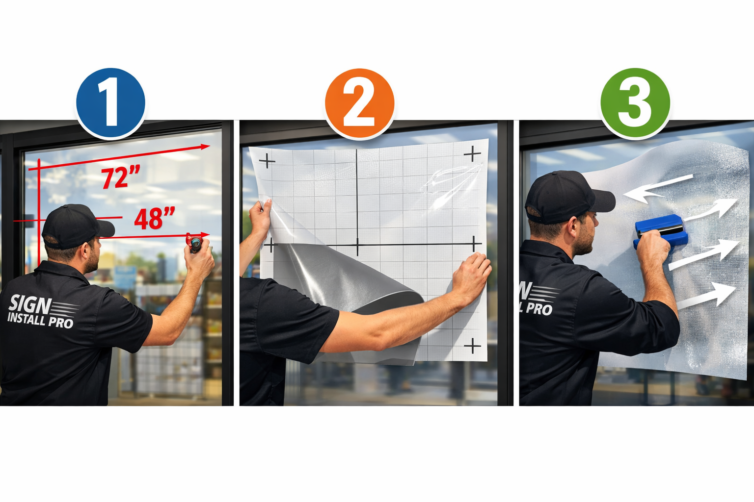 Landscape format (1536x1024) image depicting step-by-step window application process in split-screen format. Left panel shows professional m