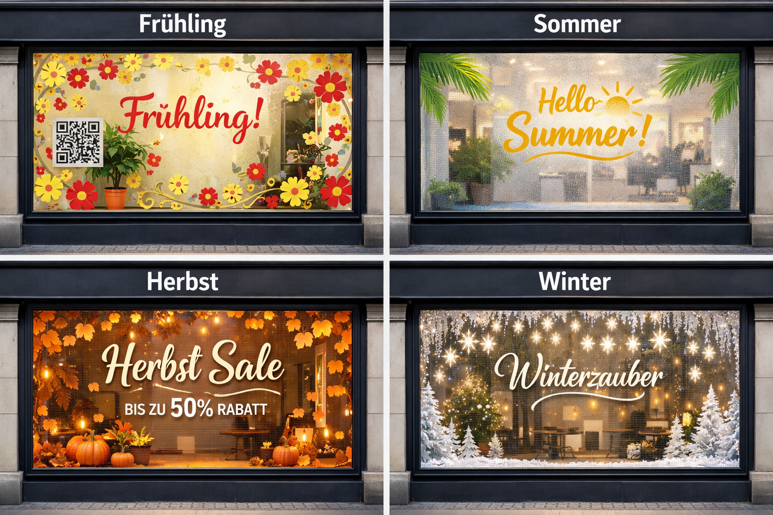 Landscape format (1536x1024) seasonal window display transformation showing same storefront in four-panel layout representing different seas