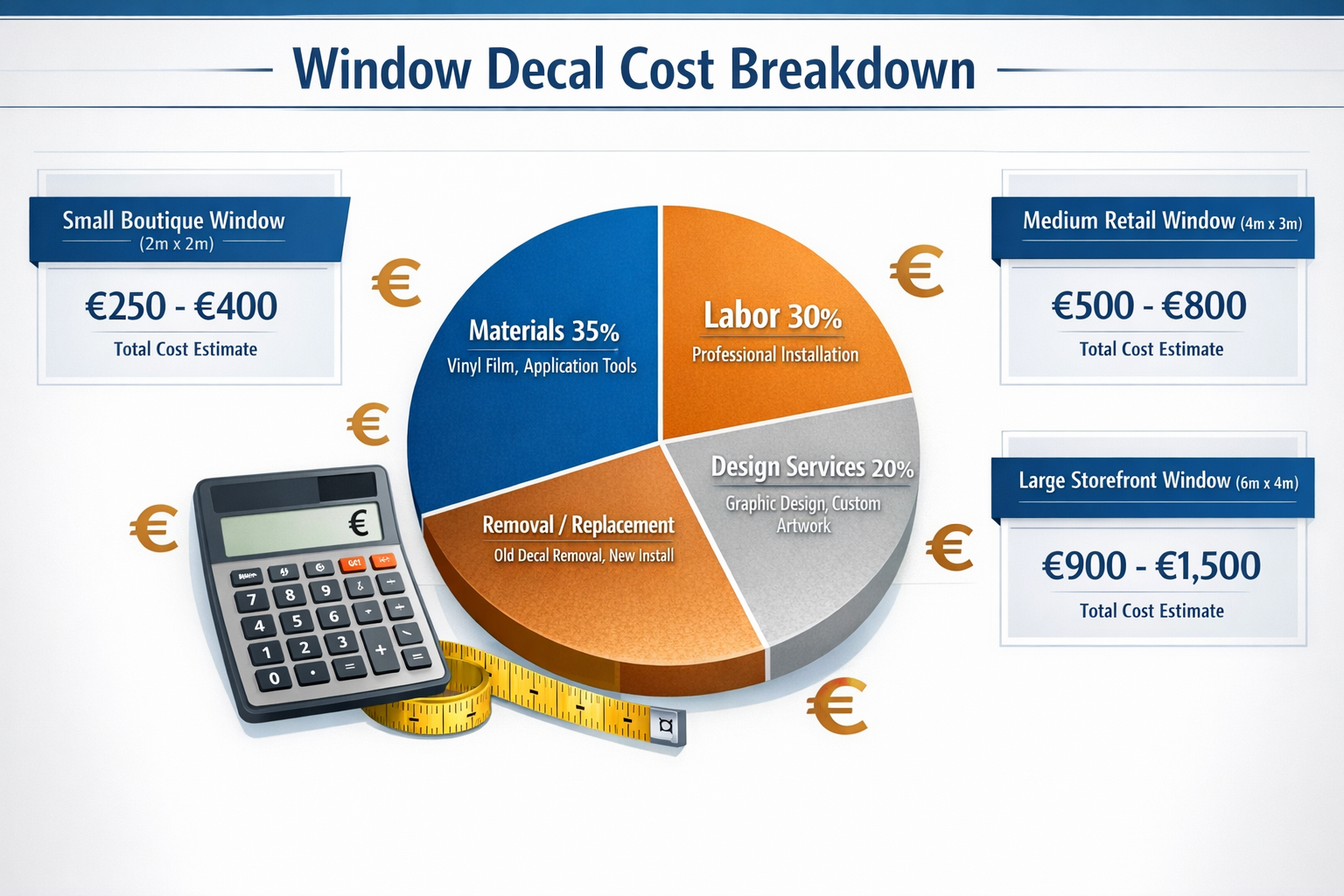 Landscape format (1536x1024) cost breakdown infographic for window decal services displayed as professional chart. Central pie chart showing