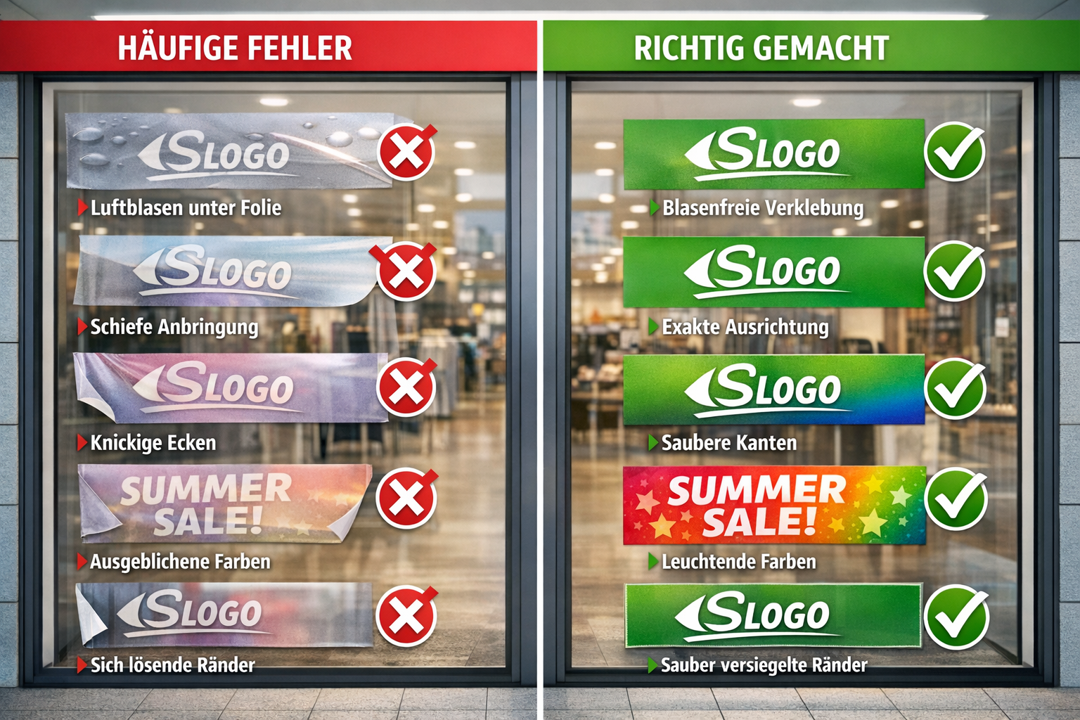 Landscape format (1536x1024) image showing common window decal mistakes versus correct applications in side-by-side comparison format. Left