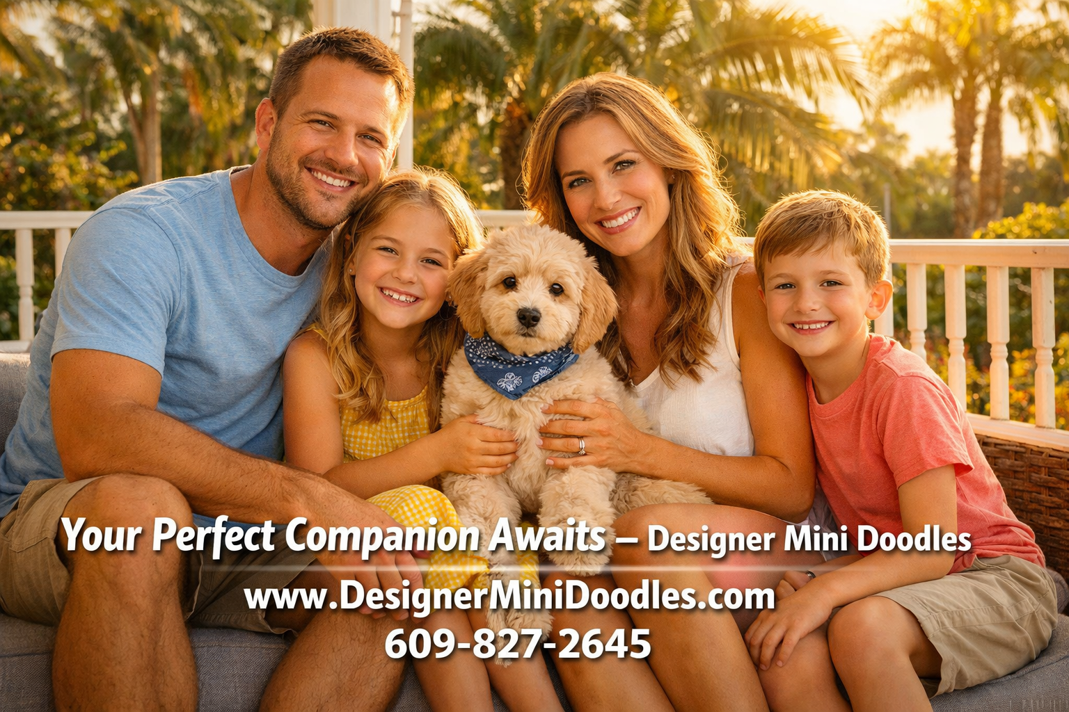 () warm lifestyle photo of a happy Florida family sitting on a sunny Orlando porch with a fluffy cream micro goldendoodle
