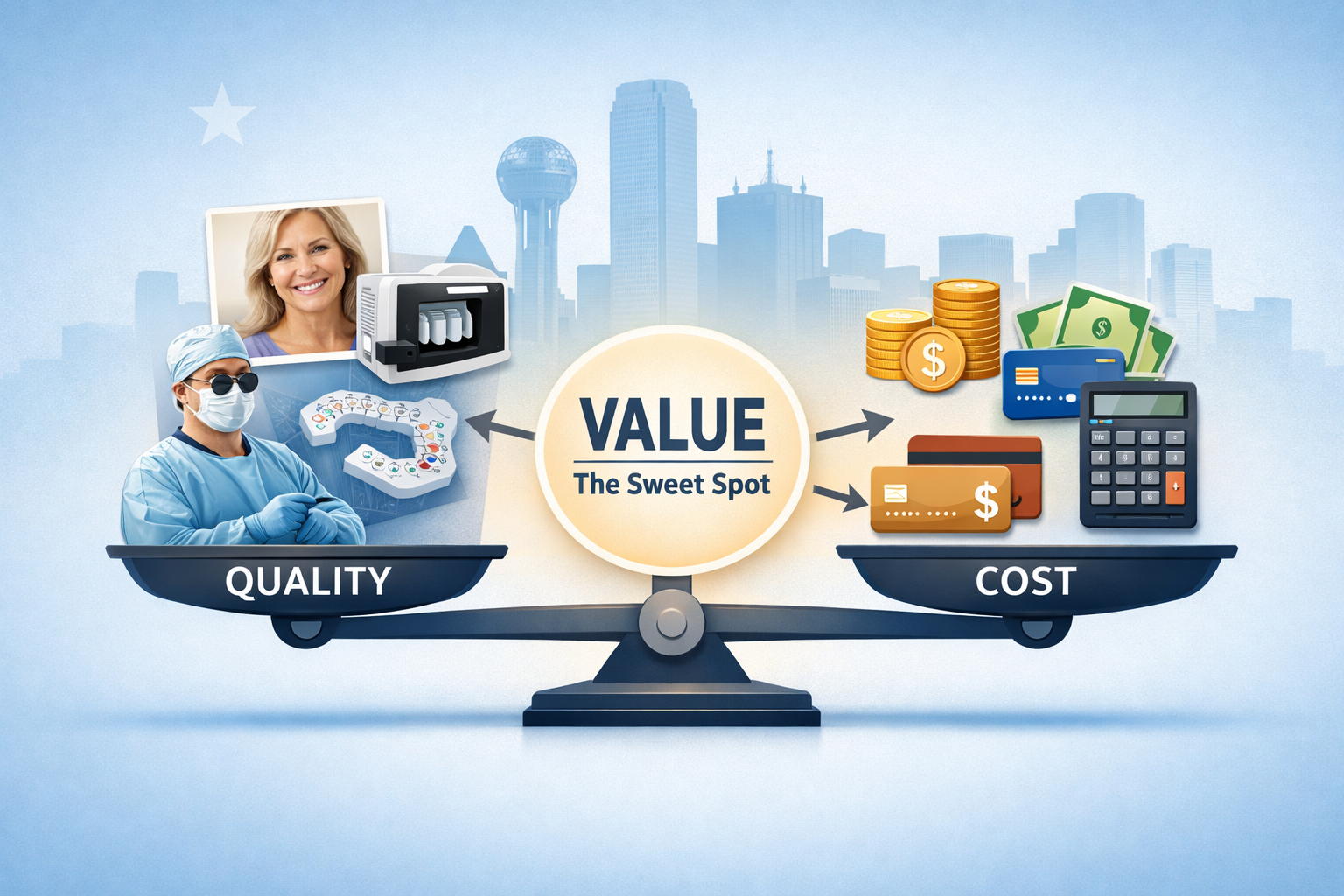 () image illustrating a 'Quality vs. Cost' infographic for dental implants. On one side, a scale balancing a 'Quality'