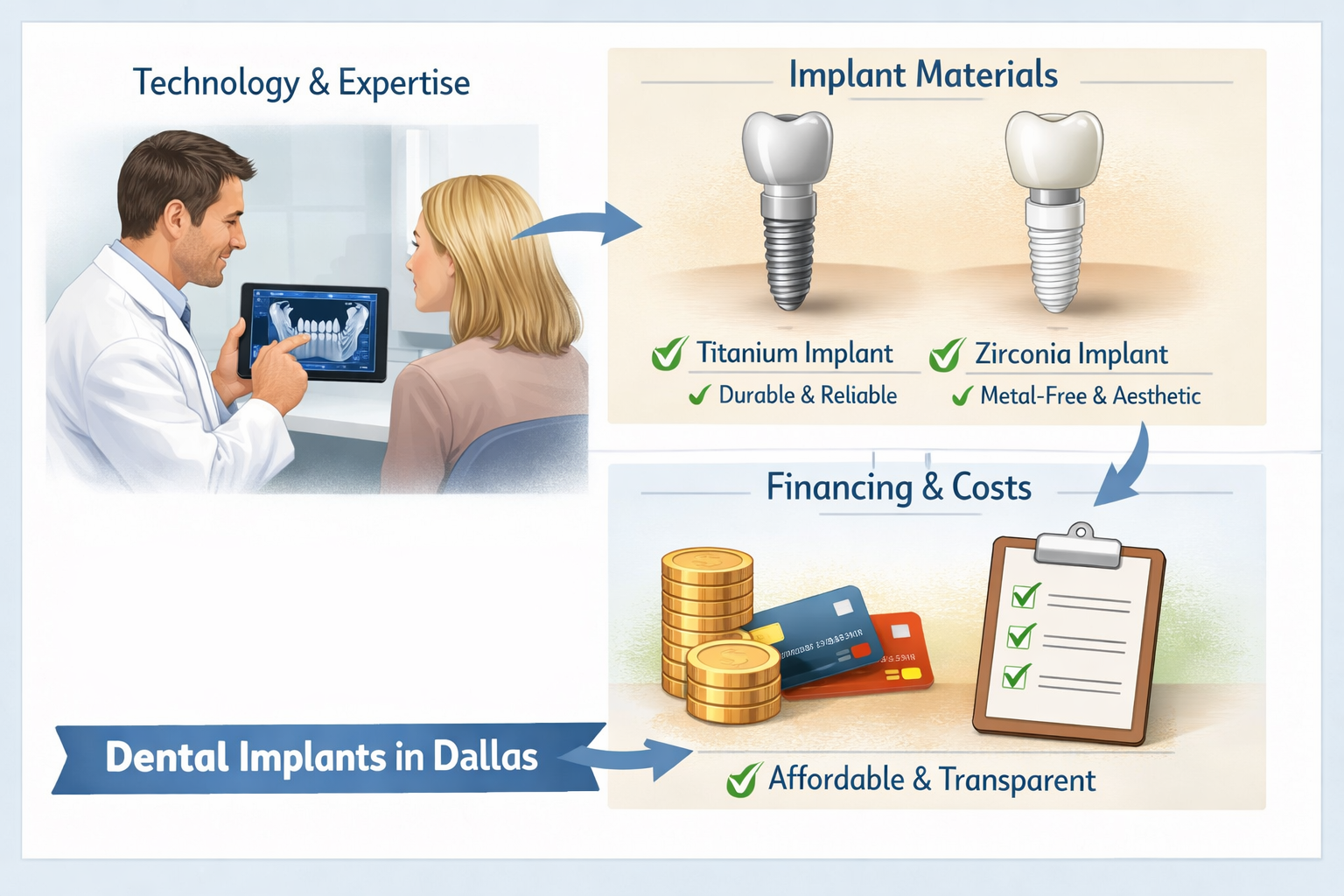 () image depicting various factors influencing dental implant costs and quality in Dallas. The image should feature a