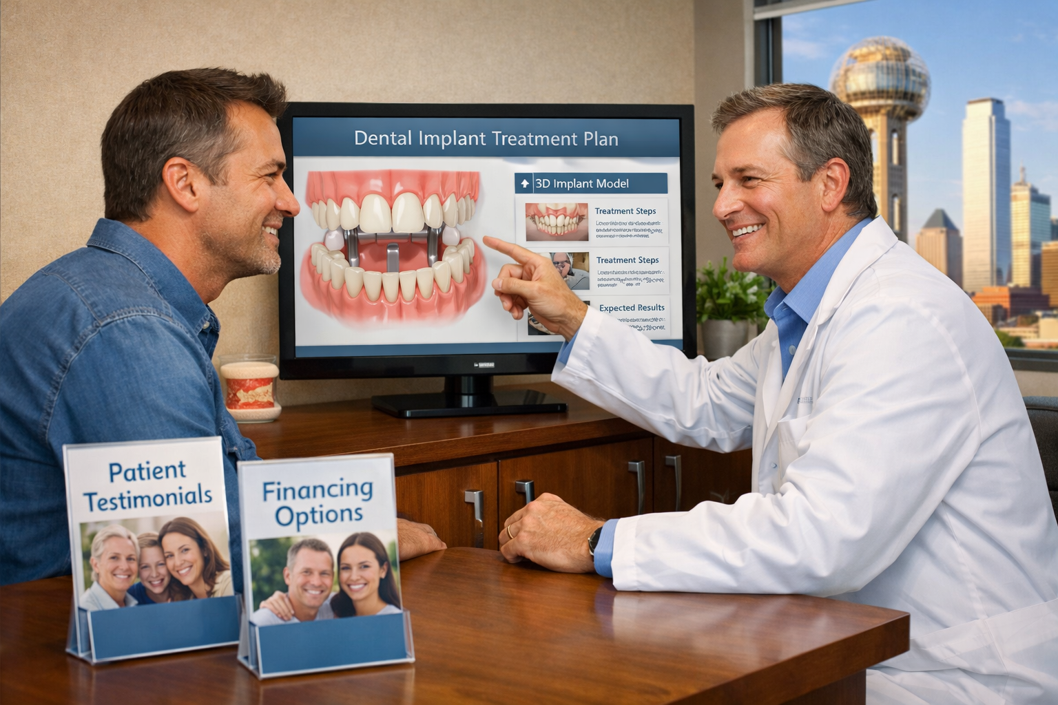 () image showing a patient in a consultation room with a warm, approachable dentist, both looking at a digital treatment