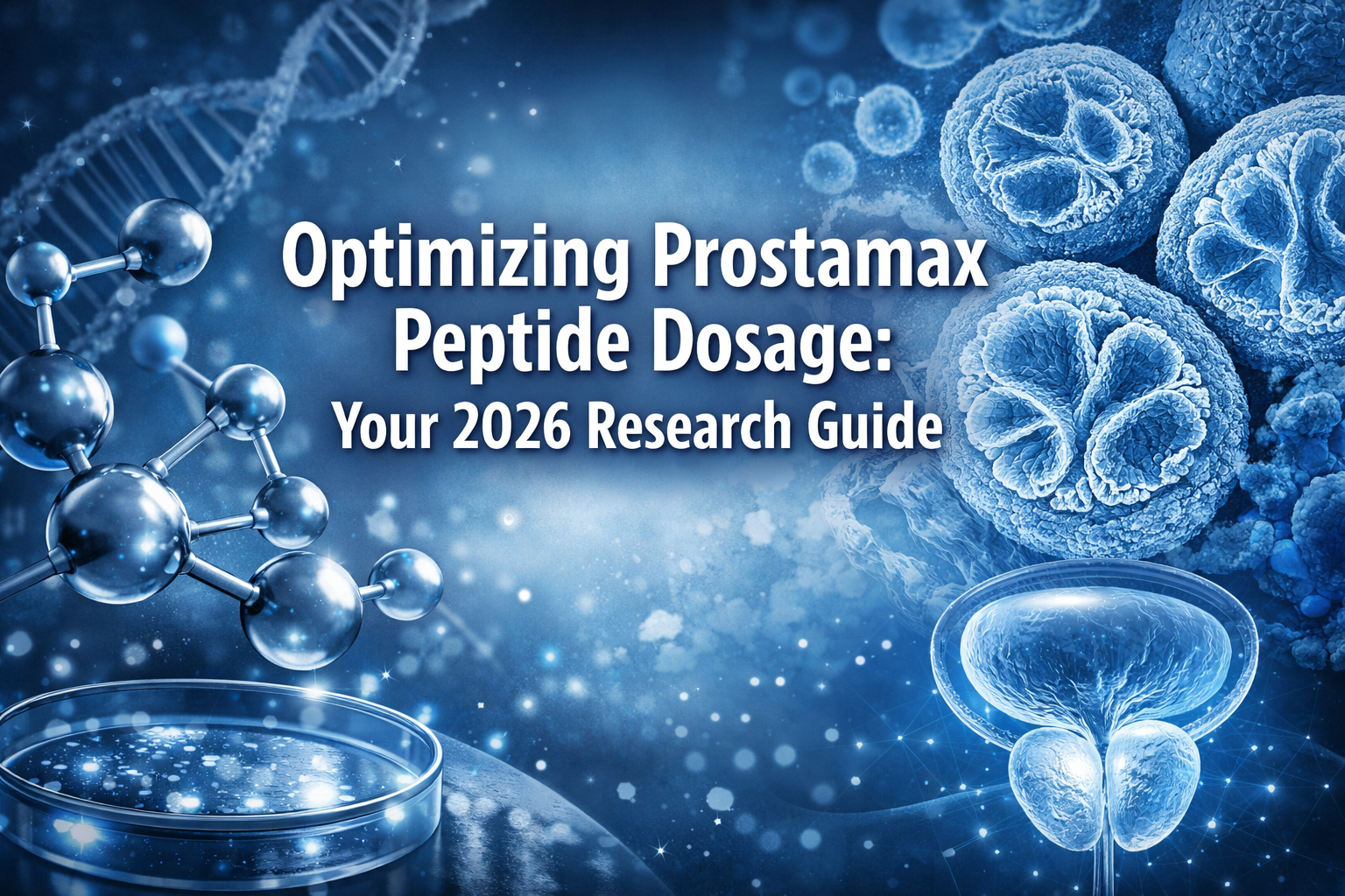 Professional landscape hero image (1536x1024) featuring bold text overlay: 'Optimizing Prostamax Peptide Dosage: Your 2026 Research Guide', 