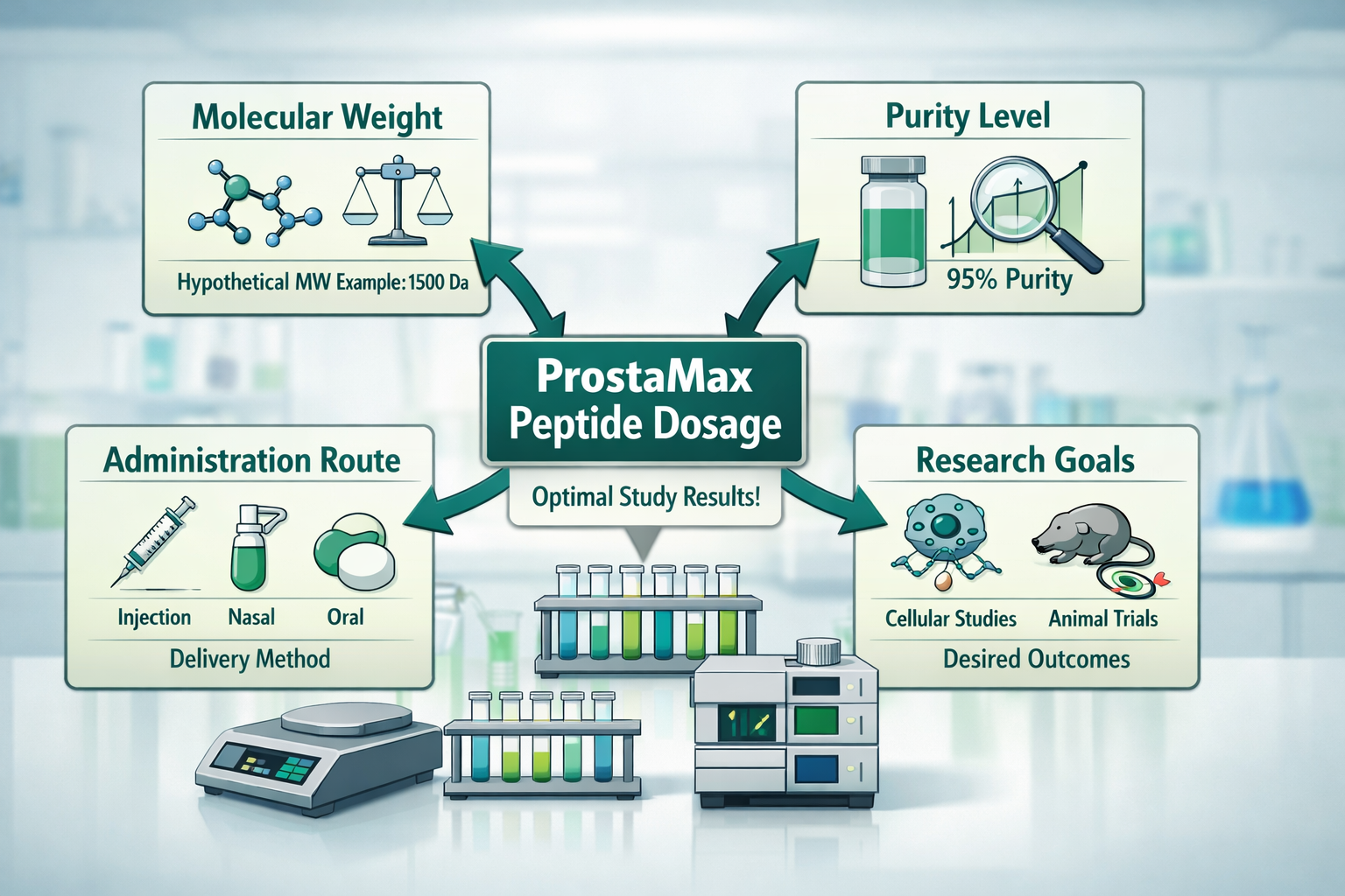 A detailed infographic illustrating various factors influencing prostamax peptide dosage for research, including hypothetical molecular weig