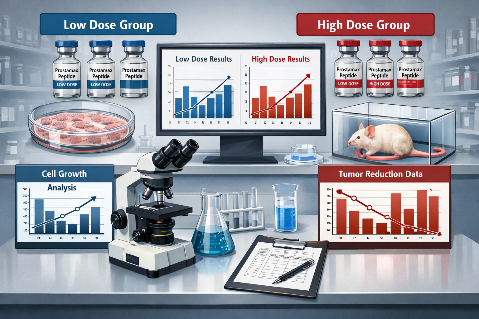 A visual representation of a comparative study setup for prostamax peptide dosage, showing two distinct experimental groups (e.g., 'Low Dose